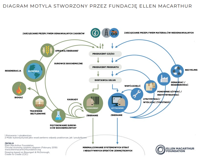 Diagram motyla obrazuje dwa współistniejące i uzupełniające się obiegi materiałów – biologiczny i techniczny. | Źródło: Fundacja Ellen Macarthur, tłumaczenie: Dział Budownictwa Ekologicznego, Sweco Polska