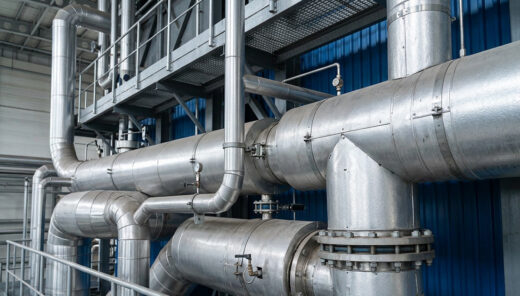Detal instalacji rurowej w obiekcie ciepłowniczym.