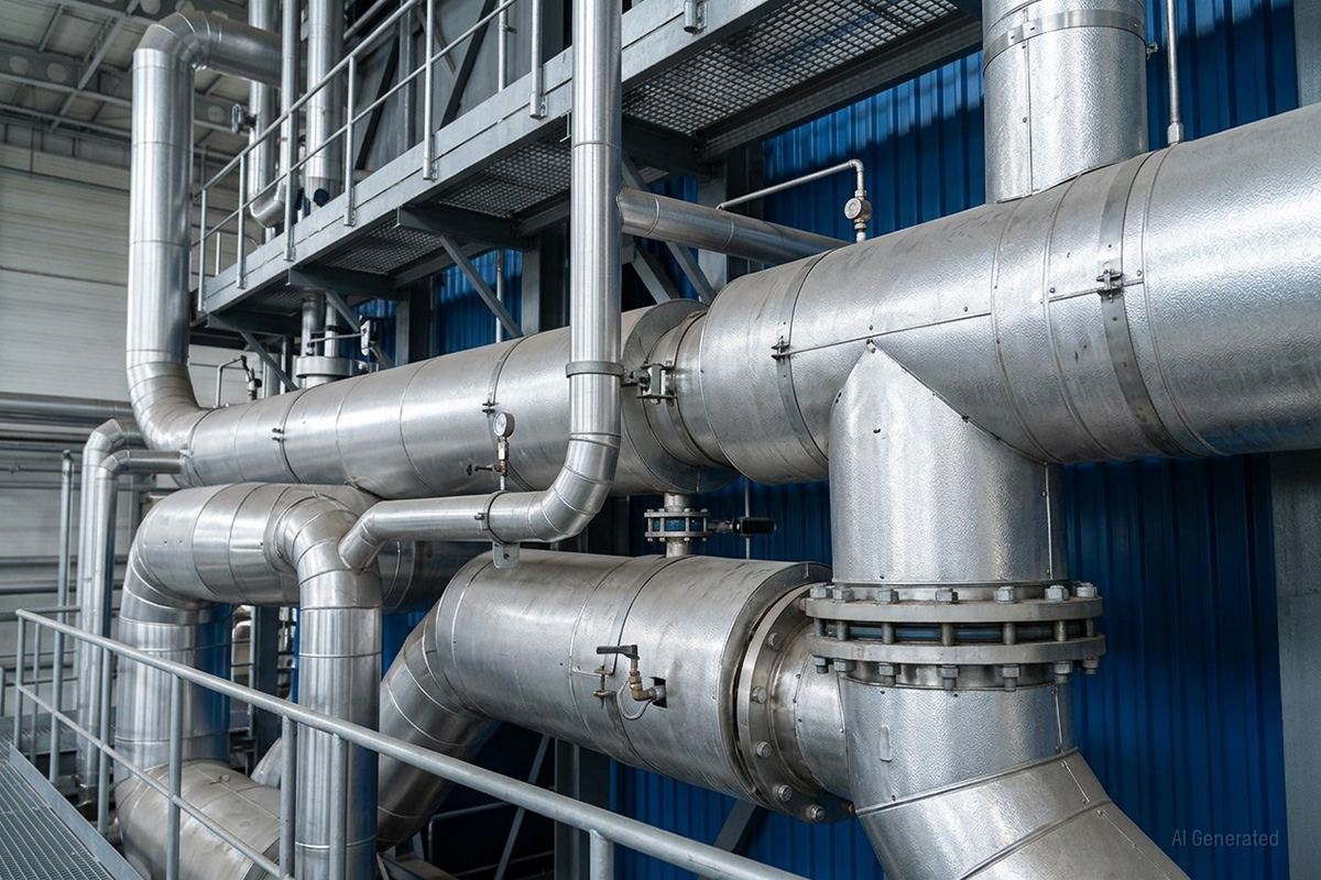 Detal instalacji rurowej w obiekcie ciepłowniczym.